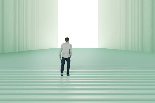 istock Man walking up the abstract stairs 1755077995