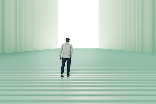 Man walking up the abstract stairs. 3D generated image.