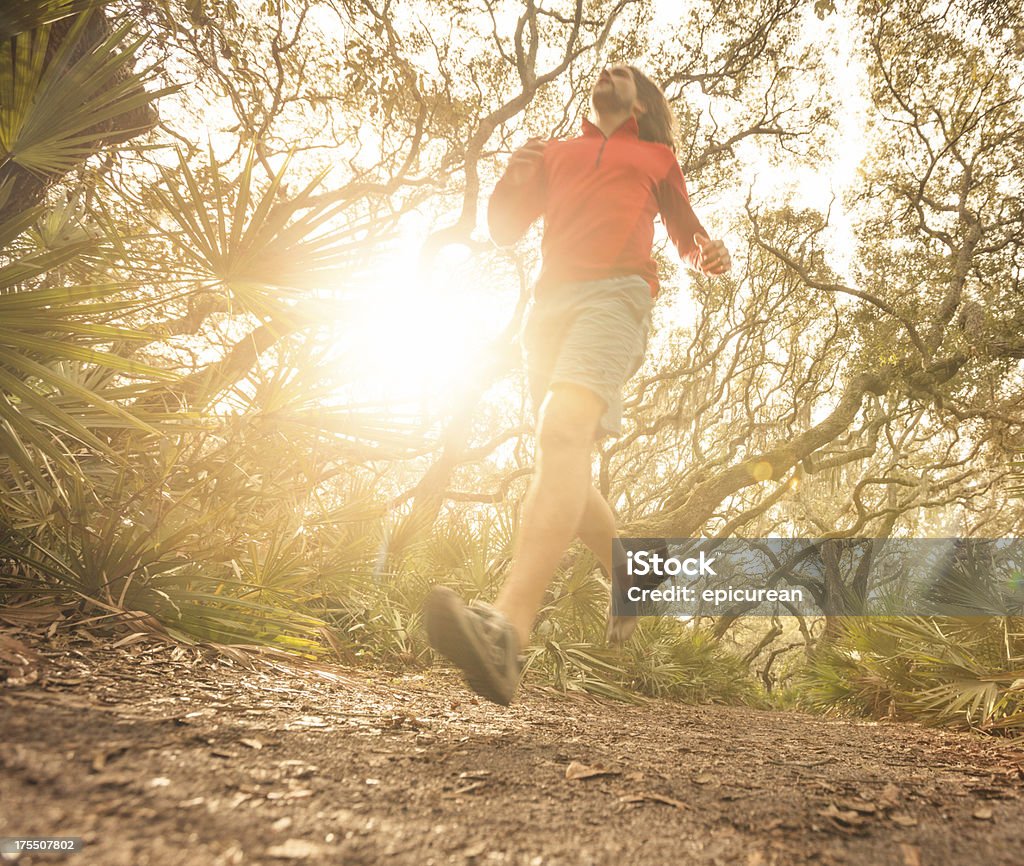 Mâle coureur entraînement sur piste boisée au coucher du soleil - Photo de 20-24 ans libre de droits