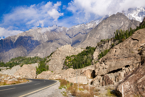 Karakoram mountains and Karakoram Highway in Upper Hunza, Pakistan.