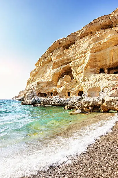 "Matala on the Greek island of Crete has become famous for the artificial caves, carved into the rocks. Tombs found in the caves date from Greek, Roman and Early Christian times. During the 70's the caves were hosting an international hippie community."