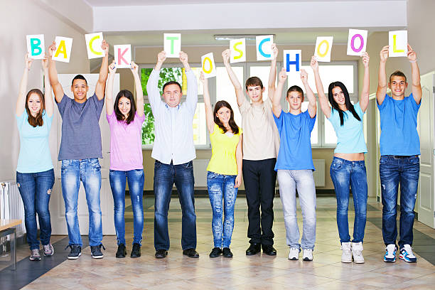 istock Students and teacher with BACK TO SCHOOL message on placards. 175509259