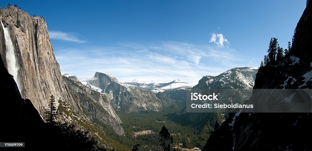 Yosemite Vally from upper Waterfalls Trail, panoramic image. "Yosemite Vally upper Waterfalls Trail, panoramic image.related:" Beauty In Nature Stock Photo