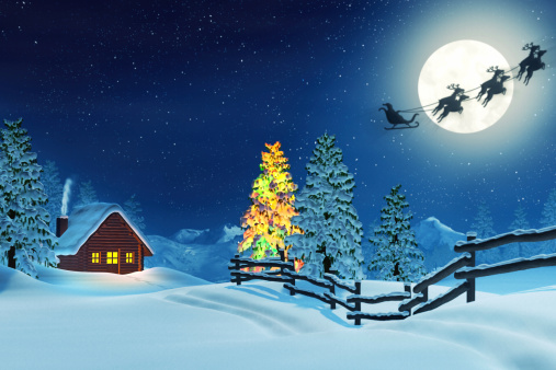 A snowy mountain landscape with a log cabin and a decorated Christmas tree lit by the light of a full moon. Santa is passing by in his sleigh.