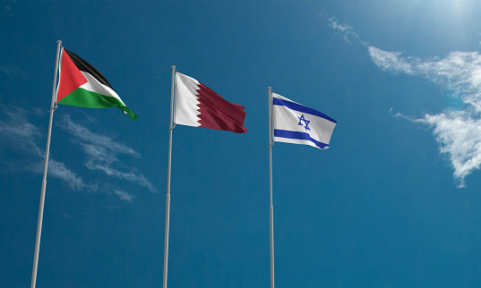 qatar israel palestine flag waving texture blue sky cloudy background wallpaper copy space negotiation agreement prisoner citizen west asia capital doha country city government politic harbor minaret