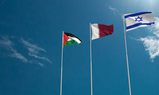 israel qatar palestine flag waving cloud blue sky background wallpaper copy space empty freedom war military gaza city vs soldier government politic business middle east aid fight support independence