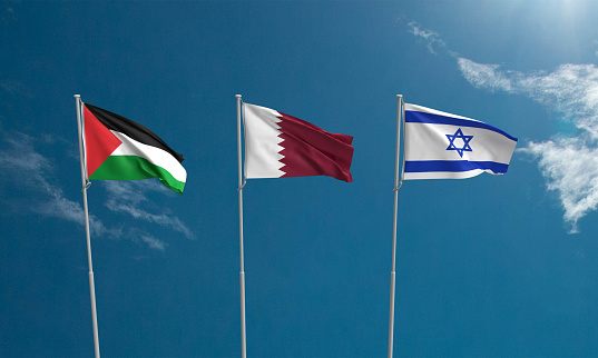 israel qatar palestine hamas country national flag blue sky cloud background wallpaper copy space symbol conflict war military negotiation politic government gaza city islamic religion qassam refugee