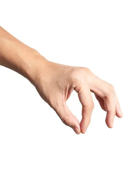 "A male hand is gripping an invisible item, isolated on white background. Clipping path included."