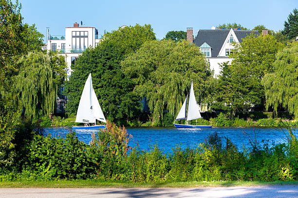 Summertime in Hamburg I LOVE HAMBURG: Sport boat on front of a beautiful mansion near the Aussenalster in Hamburg - Germany - Taken with Canon 5Dmk3You can see more Hamburg images in my lightbox:   I LOVE HAMBURG aussenalster lake stock pictures, royalty-free photos & images