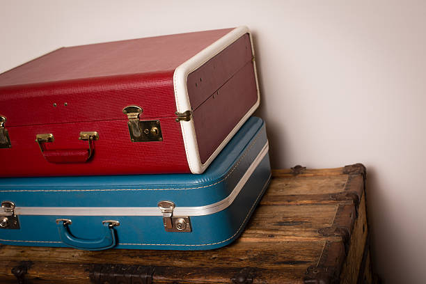 istock Two Retro Suitcases Stacked on Wood Trunk 175513084