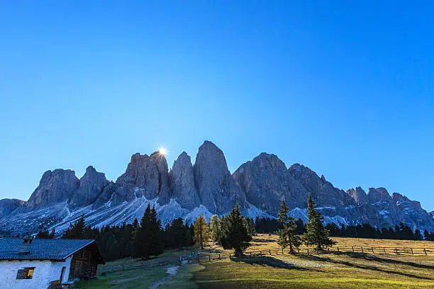 The Odle group is a mountain range of the Dolomites, which consists mainly of two chains, Odle di Eores and Odle di Funes. Together with the group Puez constitutes most of the territory of the Puez-Geisler Nature Park. With the impressive sequence of vertical walls and pinnacles, the Odle di Funes are among the most beautiful mountains in the Dolomites. Trentino-Alto Adige, Italy.