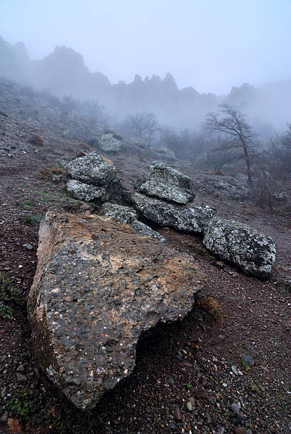 istock Mountain landscape with rocks in fog 175513379