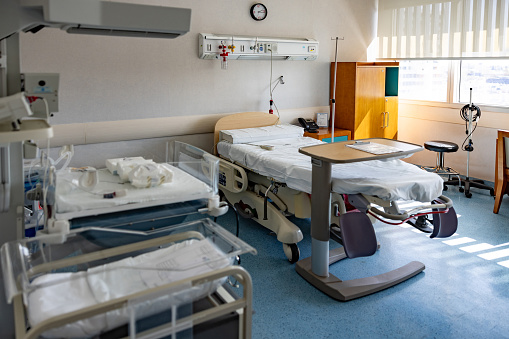 Empty room at a maternity ward at the hospital - healthcare and medicine concepts