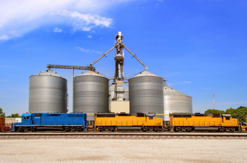 Grain elevator with trains in foreground ready for transfer of grain into cars and blue sky in the background.