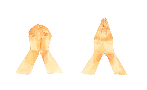 ilustraciones, imágenes clip art, dibujos animados e iconos de stock de postura de oración con las palmas de las manos juntas. ilustración de acuarela dibujada a mano. - añjali mudrā saludo