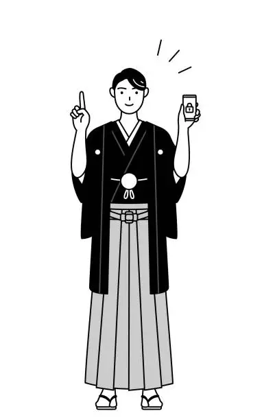 Vector illustration of Man wearing Hakama with crest taking security measures for his phone.