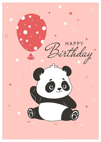 Happy birthday greeting card. Vector illustration of cute panda bear with air balloon. Cartoon character, hand drawn design. Template for greeting card or poster.
