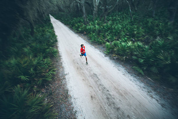 Solitary male runs under trees on road at sunset A solitary male runner out for a training run on rural road at sunset on Cumberland Island off the coast of Georgia. distance running stock pictures, royalty-free photos & images