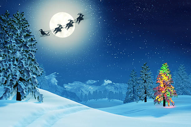 istock Christmas tree and Santa in moonlit winter landscape at night 175516008