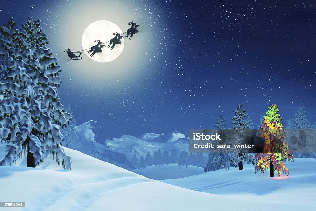 Christmas tree and Santa in moonlit winter landscape at night A snowy mountain landscape with a decorated Christmas tree lit by the light of a full moon. Santa is passing by in his sleigh. Animal Sleigh Stock Photo