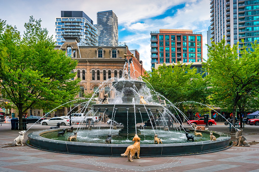Berczy Park in downtown Toronto, Ontario, Canada on a cloudy day.