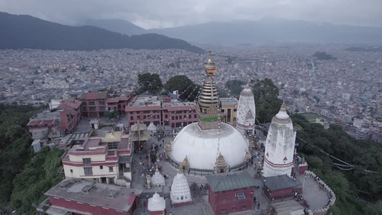 Nepal Swayambhunath Stupa Aerial Shot Establish Shot in Kathmandu Log - World Heritage Site