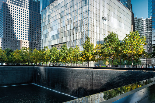 The 911 Memorial in New York City, USA on a sunny morning.