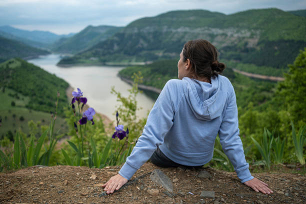 春の女性は高い視点から湖を見る。 - iris single flower flower outdoors ストックフォトと画像