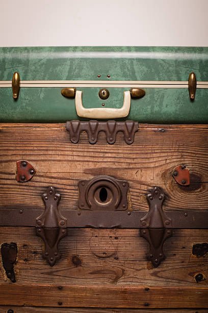 istock Retro Green Suitcase Sitting on Wood Trunk 175520920