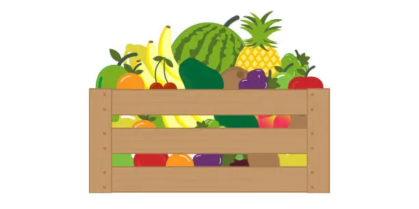 Vector illustration of Wooden box filled with assorted fresh fruits on white background.