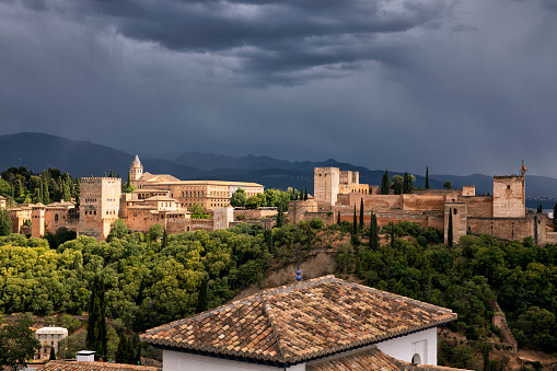 Aerial view of the Alhambra in a stormy afternoon, Spain
