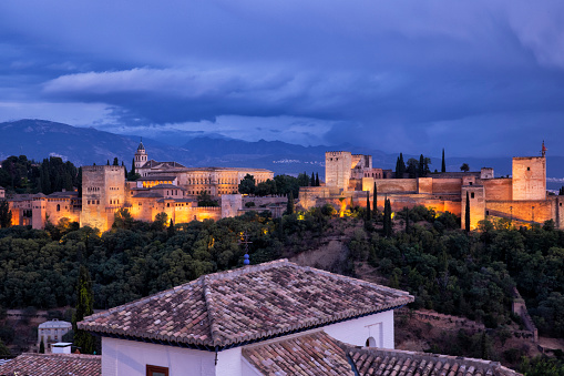 Aerial view of the Alhambra in blue hour, Spain