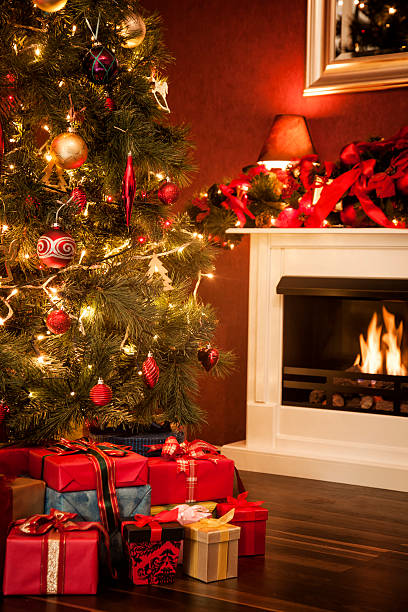 istock Decorated Christmas Tree with Ornaments, Presents and Fireplace 175522057