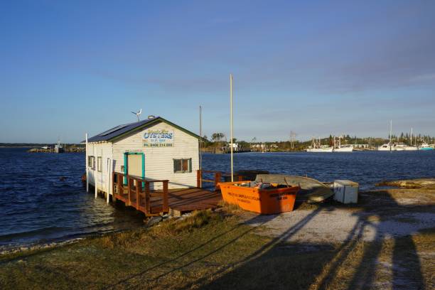 yamba bay oysters shack in late afternoon light - yamba imagens e fotografias de stock