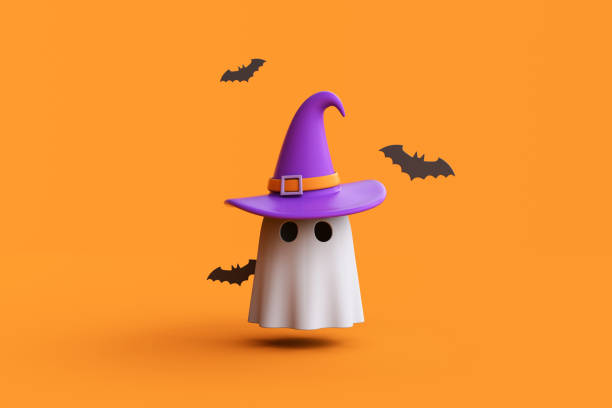 istock Simple halloween cartoon ghost wearing witch hat with black bats on orange background. 1755247954