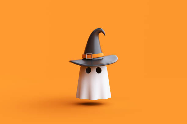 Simple halloween cartoon ghost wearing witch hat on orange background.