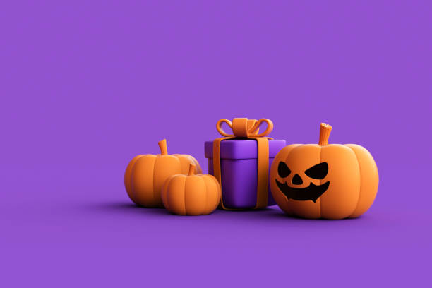 istock Cartoon gift boxes with Halloween Jack-o-Lantern pumpkins on purple background. 1755248466