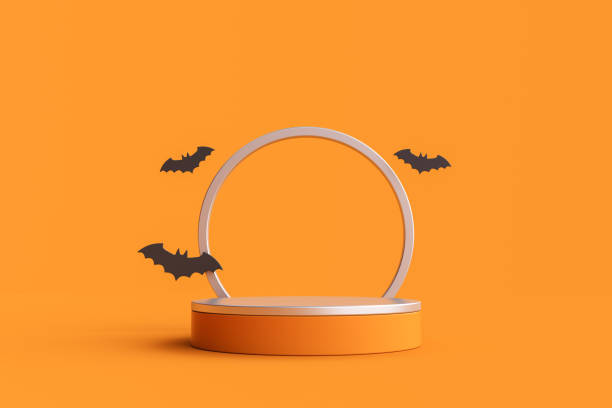 istock Podium for product display and bats on orange background. 1755249535