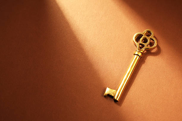 złoty stary klucz w spotlight - aspirations business skeleton key key zdjęcia i obrazy z banku zdjęć