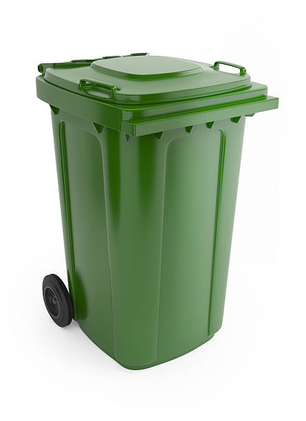 A picture of a large green rubbish bin with wheels on  Three dimensional model of the rubbish bin, isolated on white bin stock pictures, royalty-free photos & images