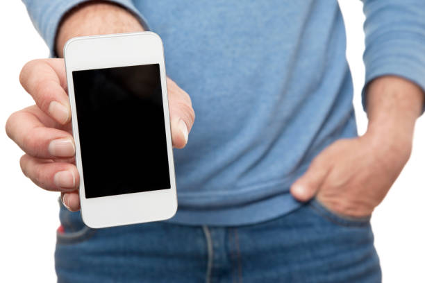 Casual Man Showing a White Mobile Smart Phone With Blank Screen