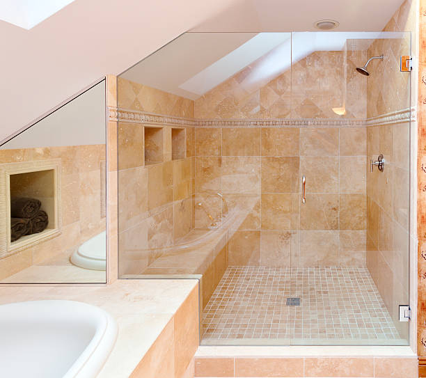 istock Spacious Tile and Bathroom Glass Shower Stall 175528135