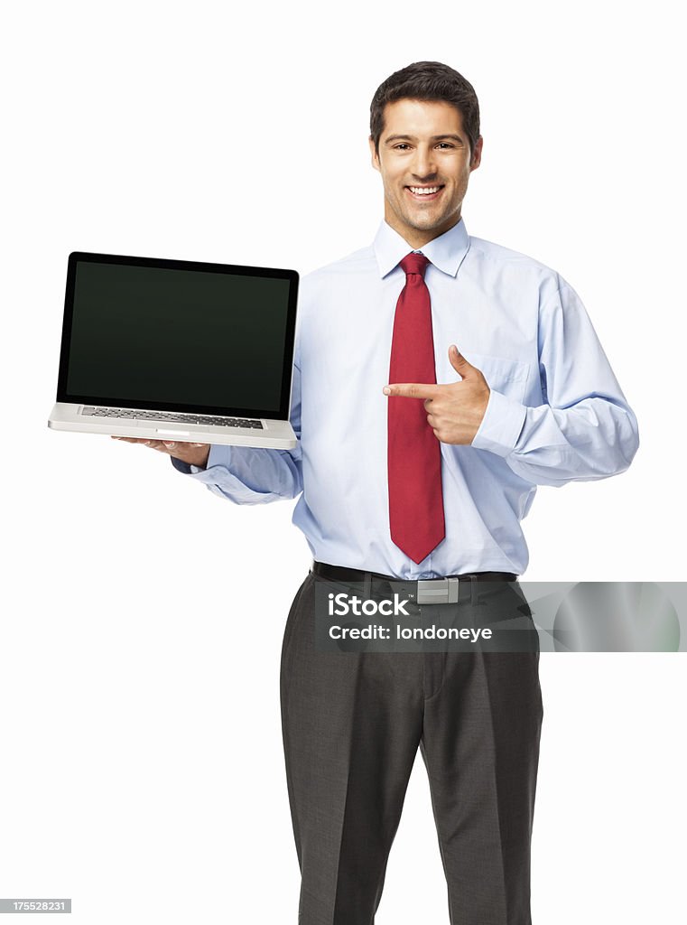 Uomo d'affari che punta al computer portatile schermo isolato - Foto stock royalty-free di Abbigliamento formale