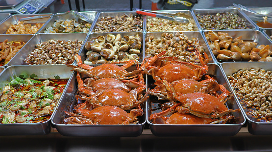 Closeup photo Crabs Shells Seafood cooked and sold in Chinese Street Food Market