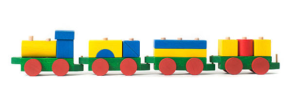 wodden toy - wooden railway wodden toy on white background miniature train stock pictures, royalty-free photos & images