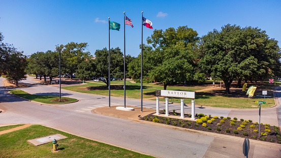 Waco, TX - September 23, 2023: Baylor University Sign at the Entrance to Baylor University in Waco, Texas.