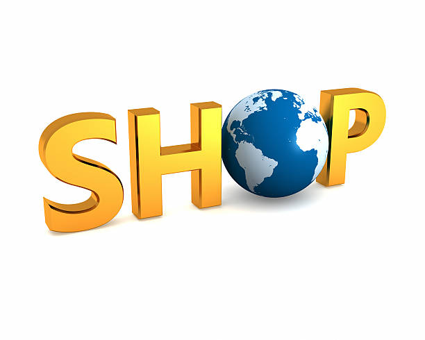 istock Gold text word SHOP with globe 175529235