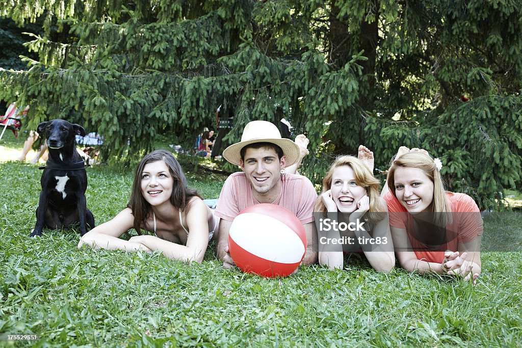 Gruppo di quattro amici con cane nel parco - Foto stock royalty-free di Adulto