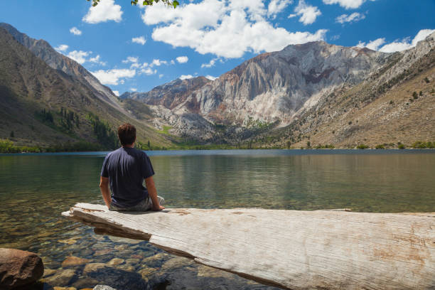 homem sentado no registo com vista para o lago e montanhas penalizar - convict lake imagens e fotografias de stock