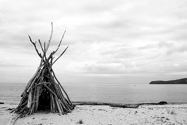 A Driftwood Cairn and beach background on a grey cloudy day in the Abel Tasman National Park, at the top of New Zealand's South Island.